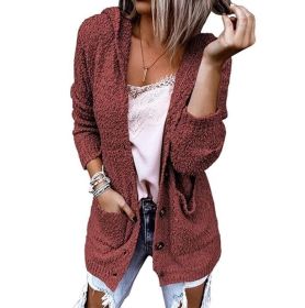 Button Hooded Sweater Cardigan (Color: Red)
