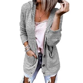 Button Hooded Sweater Cardigan (Color: Gray)