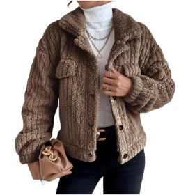 Women Sherpa Jacket Lapel Fleece Button Plush Coat (Color: Brown)