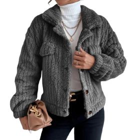 Women Sherpa Jacket Lapel Fleece Button Plush Coat (Color: Gray)