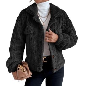 Women Sherpa Jacket Lapel Fleece Button Plush Coat (Color: Black)