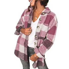 Women Flannel Plaid Jacket Button Down Shirts Coats Shacket (Color: pink)
