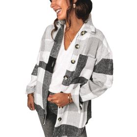 Women Flannel Plaid Jacket Button Down Shirts Coats Shacket (Color: Gray)