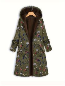 Plus Size Boho Coat, Women's Plus Floral Print Fleece Liner Long Sleeve Hooded Zip Up Longline Overcoat With Pockets (Color: Navy Blue)