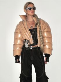 Zip Up Stand Collar Coat, Casual Long Sleeve Winter Warm Outerwear, Women's Clothing (Color: Khaki)