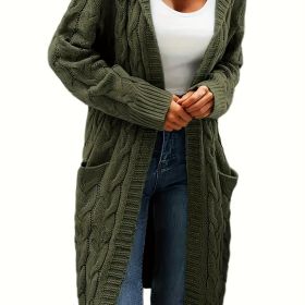 Cable Knit Hooded Cardigan Casual Long Sleeve Mid-Length Sweater with Pocket Women's Clothing (Color: Army Green)