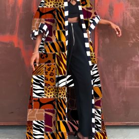 Allover Print Open Front Cardigan, Three-quarter Sleeve Maxi Length Cardigan, Women's Clothing (Color: Light Brown)