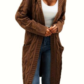 Cable Knit Hooded Cardigan Casual Long Sleeve Mid-Length Sweater with Pocket Women's Clothing (Color: Dark Brown)