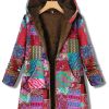 Geometric Print Kangaroo Pocket Coat, Casual Long Sleeve Hooded Thermal Coat, Women's Clothing