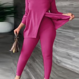 Plus Size Solid High Neck Split Tops & Skinny Pants Set; Women's Plus Slight Stretch Casual 2pcs Set Outfits (Color: Rose Red)