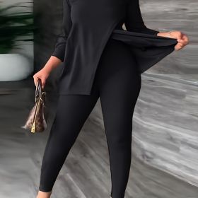 Plus Size Solid High Neck Split Tops & Skinny Pants Set; Women's Plus Slight Stretch Casual 2pcs Set Outfits (Color: Black)
