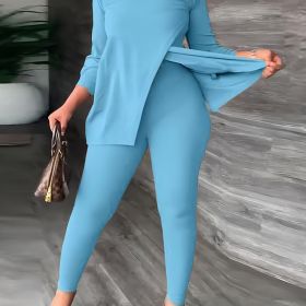 Plus Size Solid High Neck Split Tops & Skinny Pants Set; Women's Plus Slight Stretch Casual 2pcs Set Outfits (Color: Blue)
