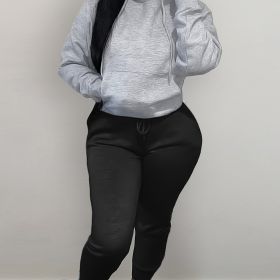 Plus Size Hoodie Drawstring Sweatshirt & Sweatpants Set; Women's Plus Solid Medium Stretch Casual 2pcs Set Outfits (Color: Grey)