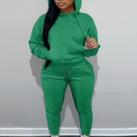 Plus Size Hoodie Drawstring Sweatshirt & Sweatpants Set; Women's Plus Solid Medium Stretch Casual 2pcs Set Outfits (Color: Army Green)