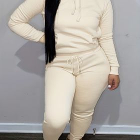 Plus Size Hoodie Drawstring Sweatshirt & Sweatpants Set; Women's Plus Solid Medium Stretch Casual 2pcs Set Outfits (Color: Khaki)