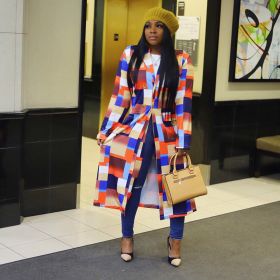 Autumn and Winter New Windbreaker Large Size Plaid Print Double-breasted Lapel Long Coat Women's Clothing (Color: Multicolor)