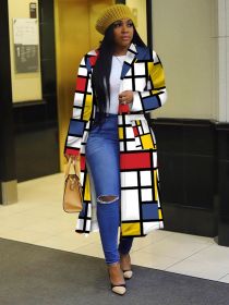 Autumn and Winter New Windbreaker Large Size Plaid Print Double-breasted Lapel Long Coat Women's Clothing (Color: Red)