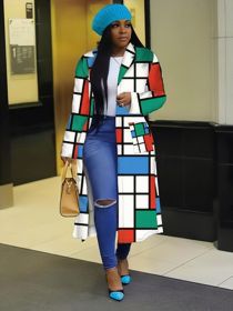Autumn and Winter New Windbreaker Large Size Plaid Print Double-breasted Lapel Long Coat Women's Clothing (Color: Blue)