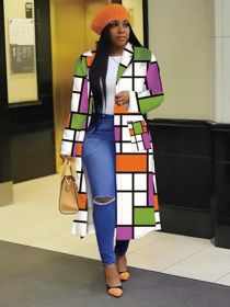 Autumn and Winter New Windbreaker Large Size Plaid Print Double-breasted Lapel Long Coat Women's Clothing (Color: Orange)