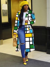 Autumn and Winter New Windbreaker Large Size Plaid Print Double-breasted Lapel Long Coat Women's Clothing (Color: Yellow)