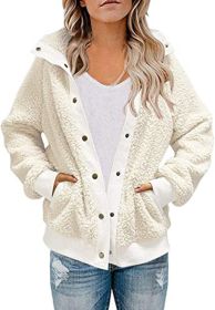 Women Lapel Button Fleece Sherpa Sweater Jacket (size: L)