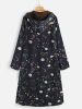Plus Size Boho Coat, Women's Plus Floral Print Fleece Liner Long Sleeve Hooded Zip Up Longline Overcoat With Pockets